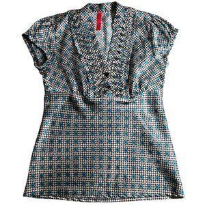 Heart Soul Women's White/Black/Blue Print Satin Babydoll Cap Sleeve Top S Small